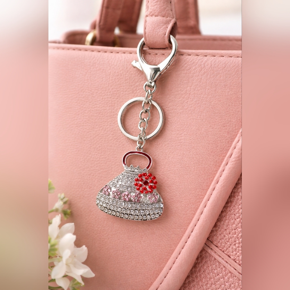 Rhinestone Purse Keychain - Silver with Pink & Red Accents